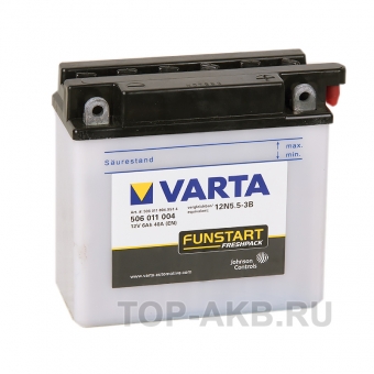 Мотоциклетный аккумулятор VARTA Funstart Freshpack 12N5.5-3B 12V 6Ah 55А (136x61x131) обр. пол. 506 011 004, сухозар.