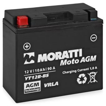 Мотоциклетный аккумулятор Moratti Moto YT12B-BS 10 Ач 90А (150x69x130) прям. пол. AGM