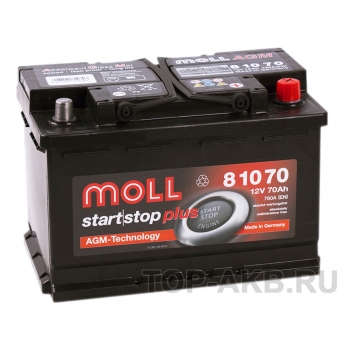 Аккумулятор автомобильный Moll AGM 70R Start-Stop 760A 276x175x190