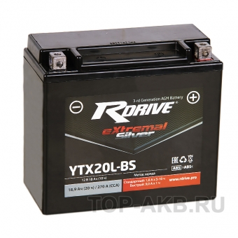 Мотоциклетный аккумулятор RDrive YTX20L-BS 12V 18Ah 270А обр. пол. AGM сухозаряж. (176x87x154) eXtremal SILVER