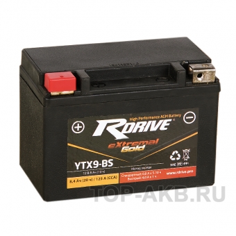 Мотоциклетный аккумулятор RDrive YTX9-BS 12V 8Ah 125А прям. пол. AGM (150x87x105) eXtremal GOLD