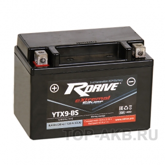 Мотоциклетный аккумулятор RDrive YTX9-BS 12V 8Ah 120А прям. пол. AGM сухозаряж. (150x87x105) eXtremal SILVER