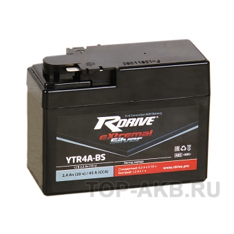 Мотоциклетный аккумулятор RDrive YTR4A-BS 12V 2Ah 45А клеммы T1/T2 сухозаряж. (113x48x85) eXtremal SILVER