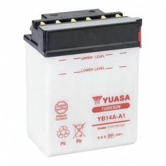 Мотоциклетный аккумулятор Yuasa YB14A-A1 - 14 Ач 175A (134x87x176) прям. пол. Heavy Duty сухозаряж. (без электр.)