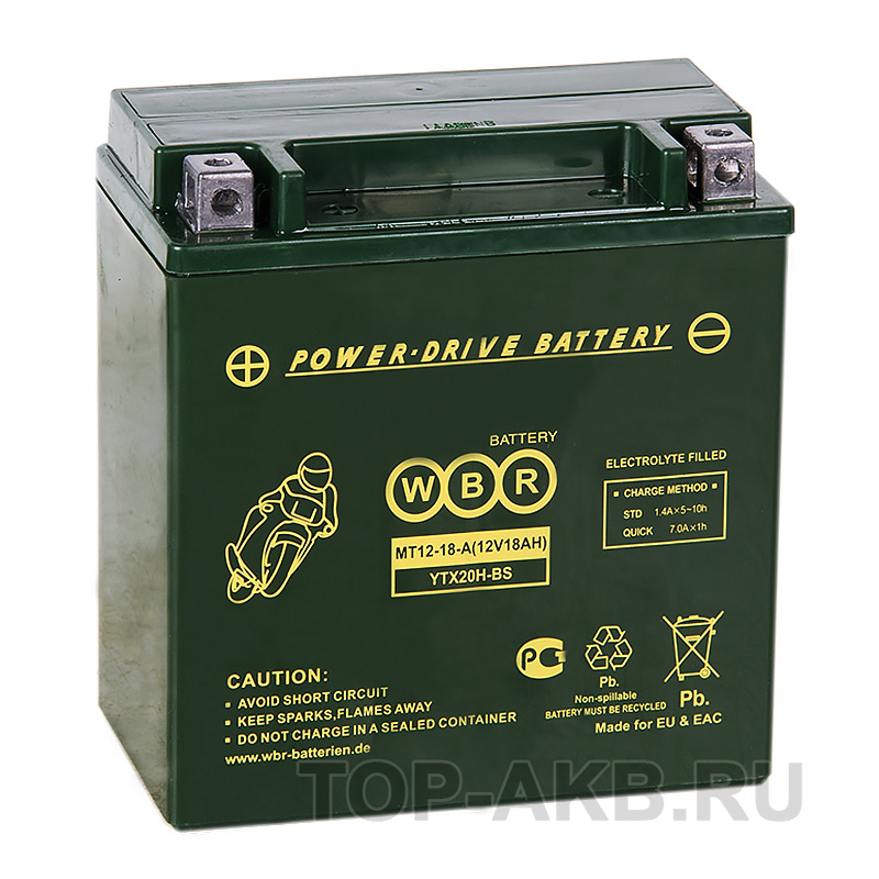 Мотоциклетный аккумулятор WBR MT12-18-A AGM 18 Ач 230А прямая пол. (150x87x161) YTX20H-BS