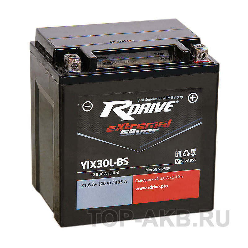 Мотоциклетный аккумулятор RDrive YIX30L-BS 12V 30Ah 385Аобр. AGM сухозаряж. (165x125x175) eXtremal SILVER
