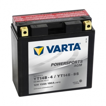 Мотоциклетный аккумулятор VARTA Powersports AGM YT14B-4/YT14B-BS 12V 13Ah 190А (152x70x150) прямая пол. 512 903 013, сухозар.