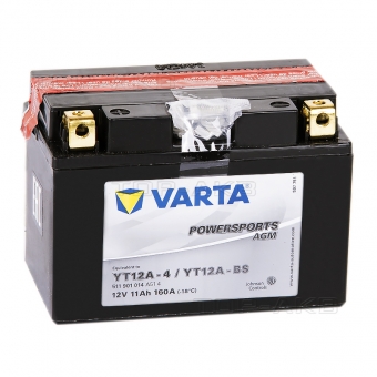 Мотоциклетный аккумулятор VARTA Powersports AGM YT12A-4/YT12A-BS 12V 11Ah 160А (150x88x105) прямая пол. 511 901 014, сухозар.