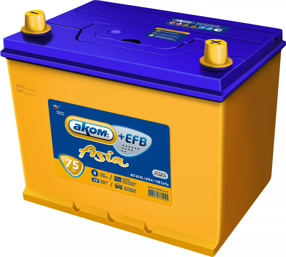 Аком Asia+EFB 75E 12V 75Ач 720A обр. пол. (260x173x225)