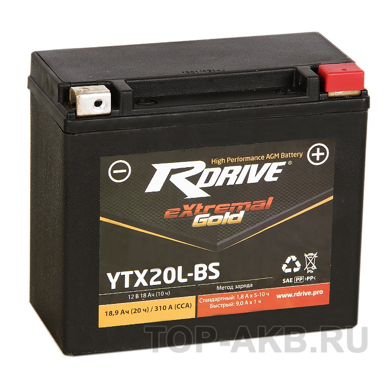 RDrive YTX20L-BS 12V 18Ah 270А обр. пол. AGM (150x87x145) eXtremal GOLD RDrive YTX20L-BS 12V 18Ah 270А обр. пол. AGM (150x87x145) eXtremal GOLD