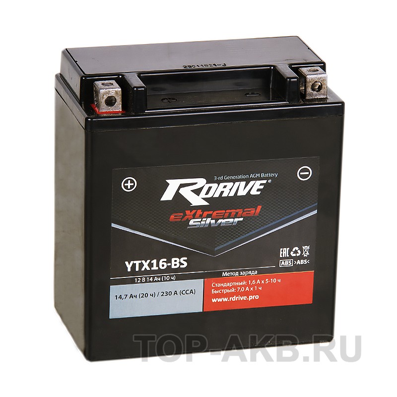 RDrive YTX16-BS 12V 14Ah 230А прям. пол. AGM сухозаряж.(150x87x161) eXtremal SILVER