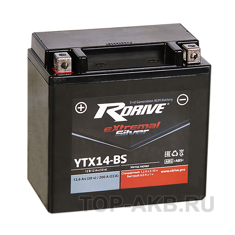 RDrive YTX14-BS 12V 12Ah 200А прям. пол. AGM сухозаряж. (150x87x145) eXtremal SILVER RDrive YTX14-BS 12V 12Ah 200А прям. пол. AGM сухозаряж. (150x87x145) eXtremal SILVER