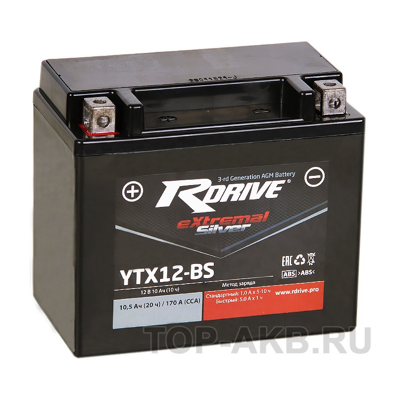 RDrive YTX12-BS 12V 10Ah 170Апрям. пол. AGM сухозаряж. (150x87x130) eXtremal SILVER RDrive YTX12-BS 12V 10Ah 170Апрям. пол. AGM сухозаряж. (150x87x130) eXtremal SILVER