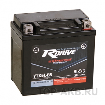 RDrive YTX5L-BS 12V 4Ah 70А обр. пол. AGM сухозаряж. (113x70x105) eXtremal SILVER