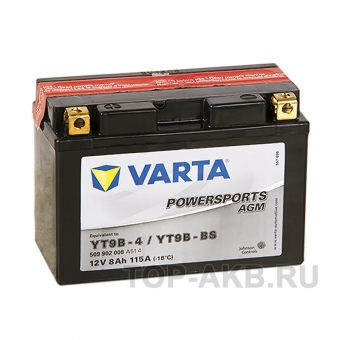 Мотоциклетный аккумулятор Varta Powersports AGM YT9B-4/YT9B-BS 12V 8Ah 115А (149x70x105) прямая пол. 509 902 008, сухозар.